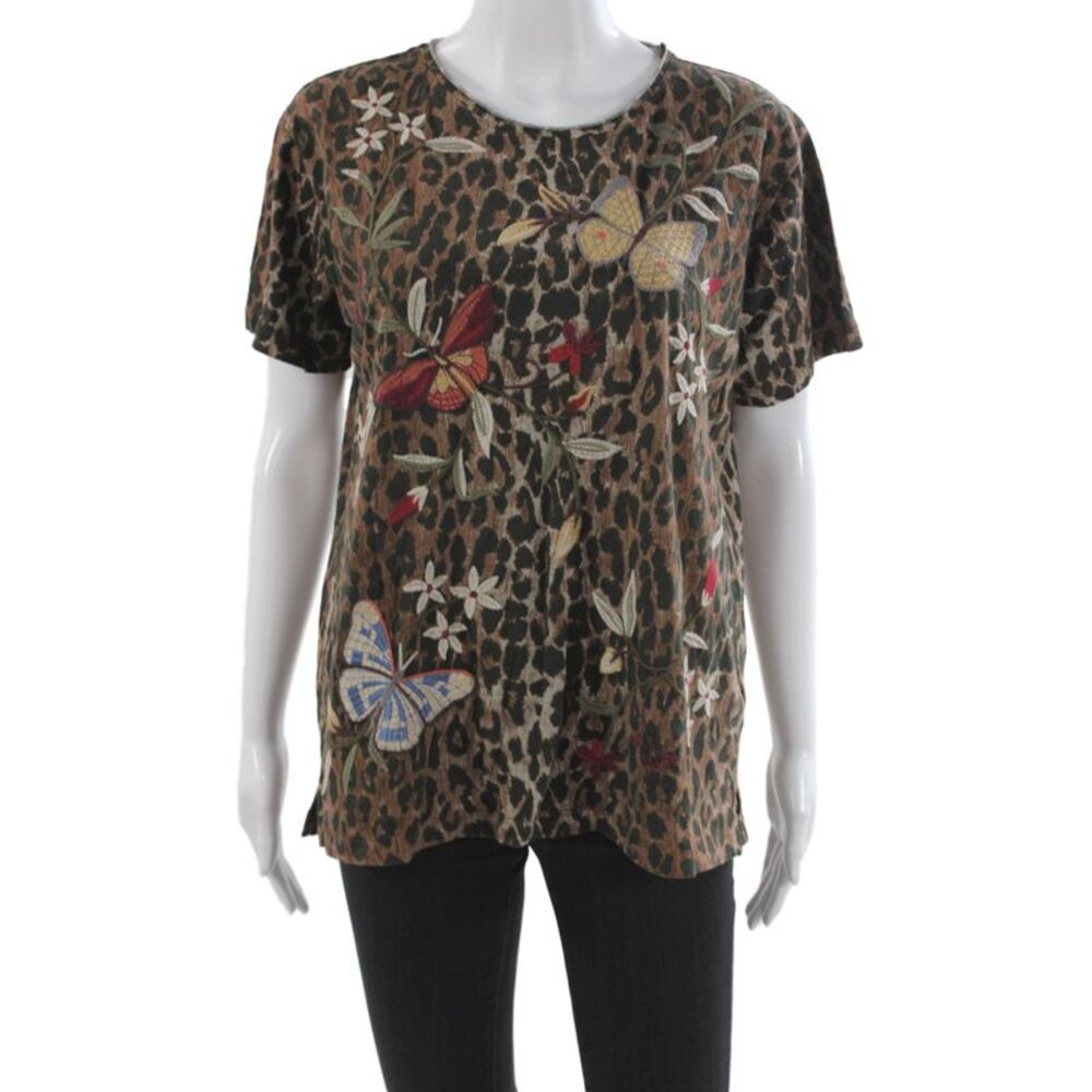 Johnny Was Women Jersey T-Shirt Multicolor Animal Butterfly Cotton Crew Size M